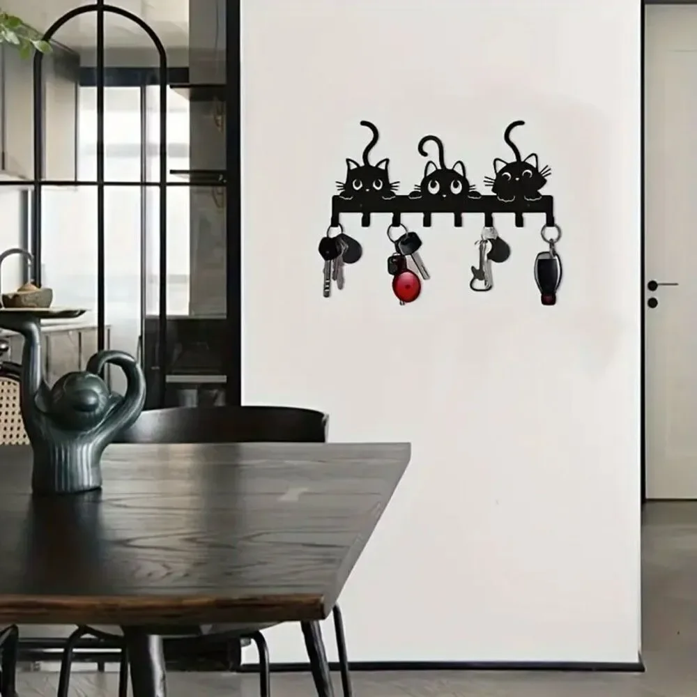 NWT Gorgeous 3 Black Cats Design Metalic 8 Hooks Wall Mount Key Holder Organizer